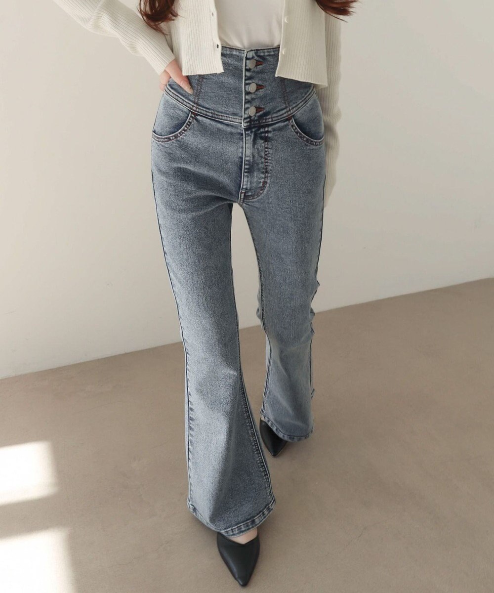 WEGO 【ストレッチ/美脚/脚長シルエット/XSSMサイズ展開】ハイウエストストレッチフレアデニムパンツ 