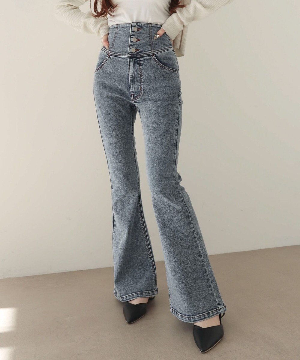 WEGO 【ストレッチ/美脚/脚長シルエット/XSSMサイズ展開】ハイウエストストレッチフレアデニムパンツ 