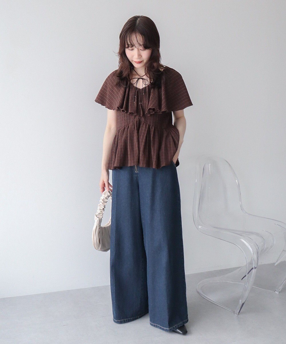 earth music&ecology チェックラッフルカラーペプラムカットブラウス 