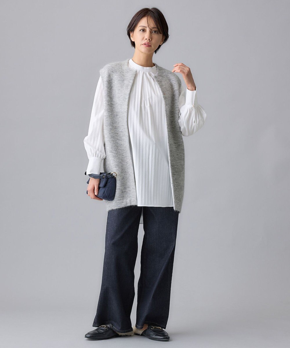 自由区 【洗える】ストレッチシャーティングスタンドカラーストライプ ブラウス 