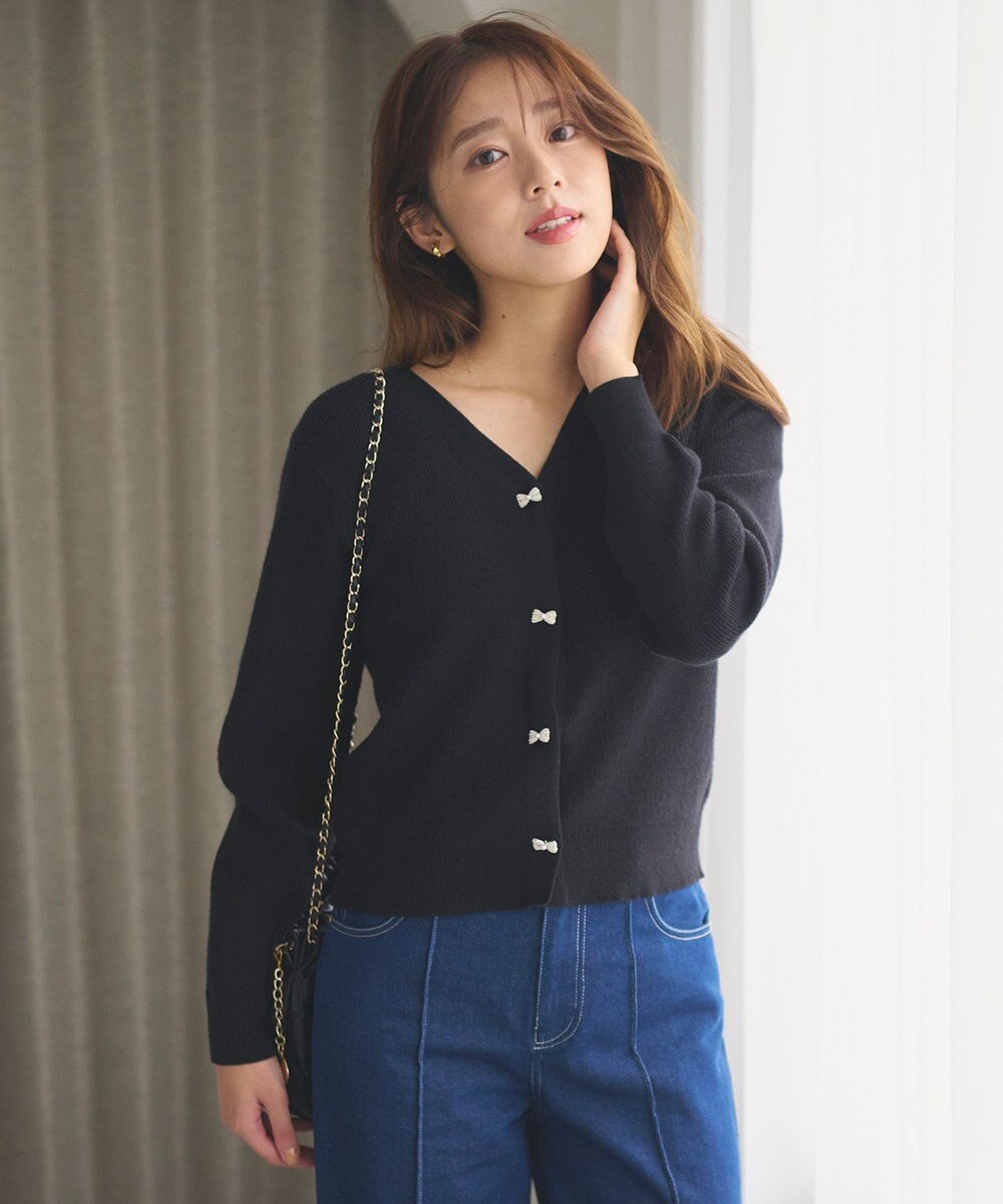 Feroux 【洗える】リボン釦 カーディガンデザインニット 