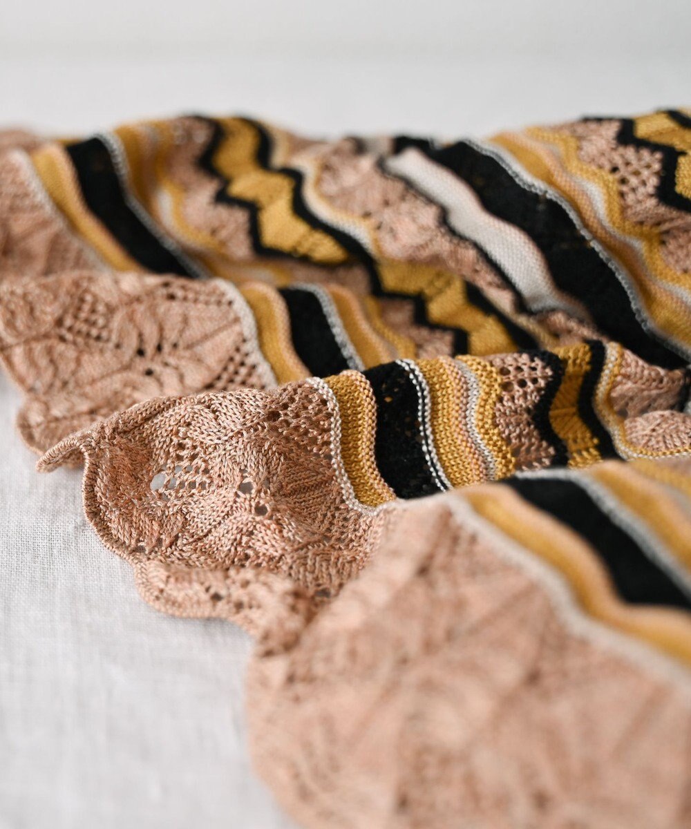 muuc 〈高品質シルク100%〉透かしレース編み シルクマルチボーダー半袖プルオーバー 