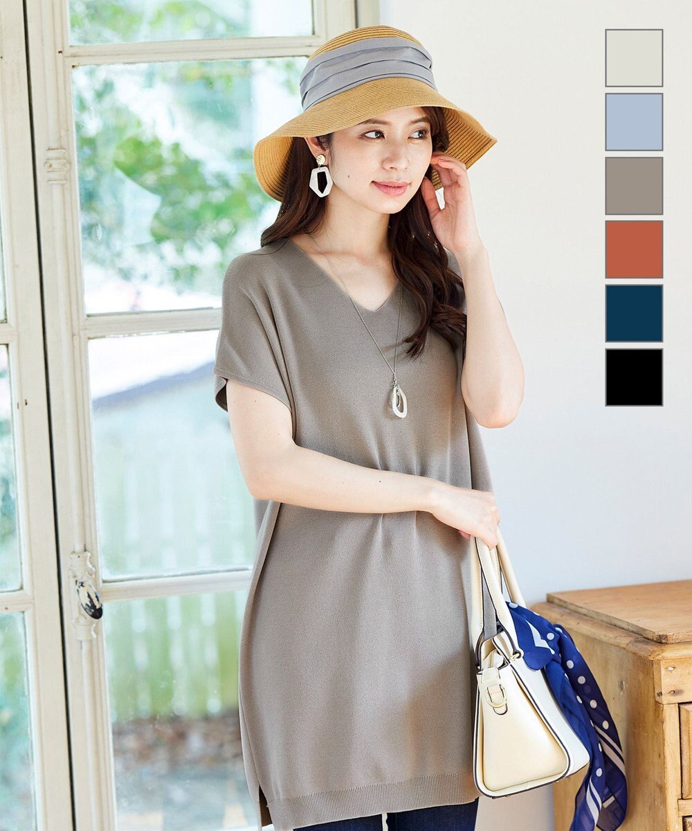 Tiaclasse L 【洗える】さらりと肌離れの良いフレンチスリーブニットチュニック 