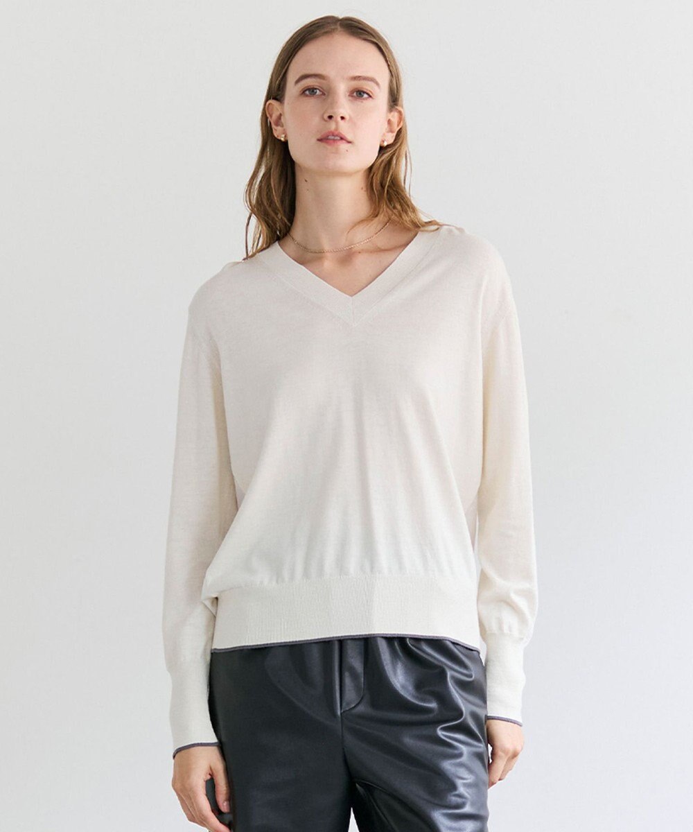 BEIGE， CHLOR / ウールシルクツイルドッキングVネックニット 