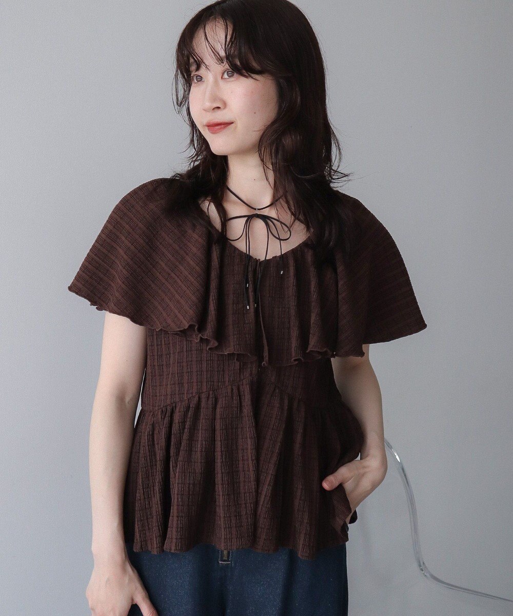 earth music&ecology チェックラッフルカラーペプラムカットブラウス 