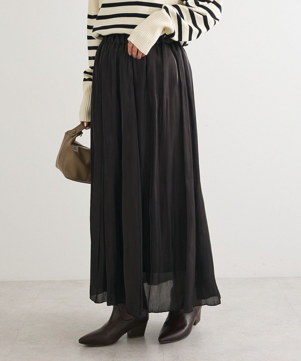 Green Parks シャイニーサテンセルフプリーツギャザーフレアスカート 