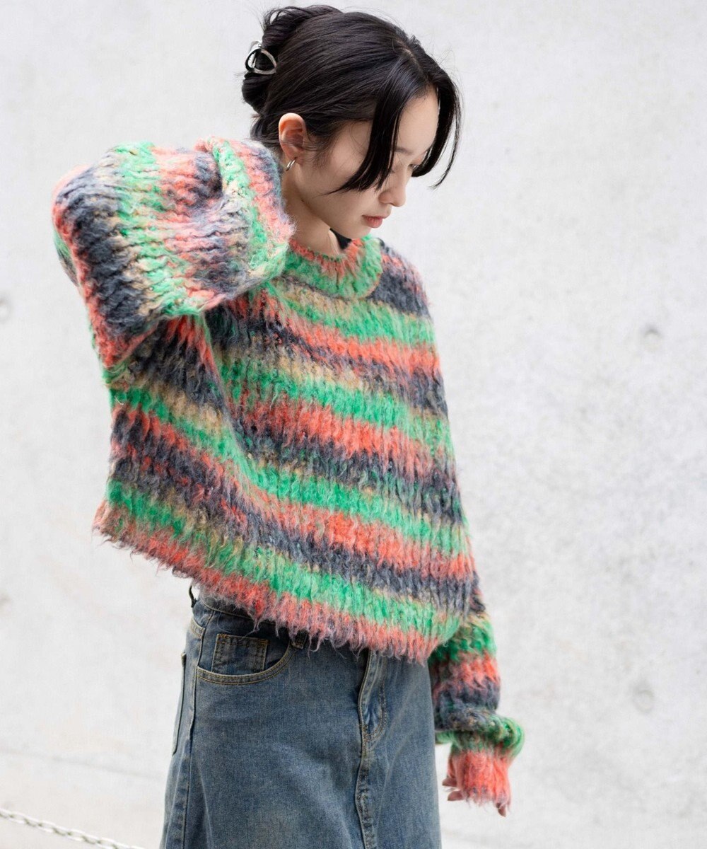 WEGO マルチボーダーブラッシュニットショートプルオーバー 