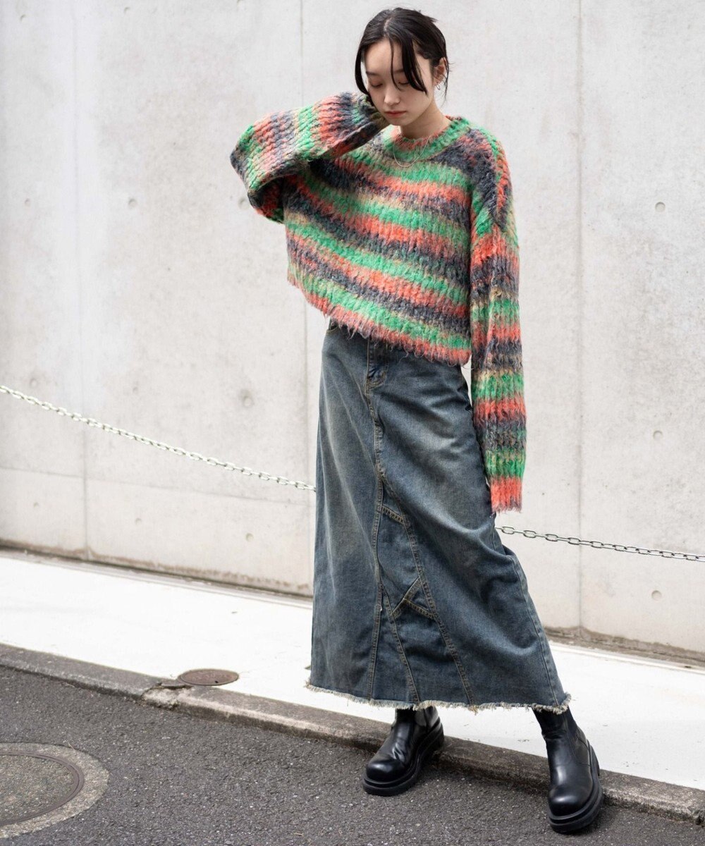 WEGO マルチボーダーブラッシュニットショートプルオーバー 