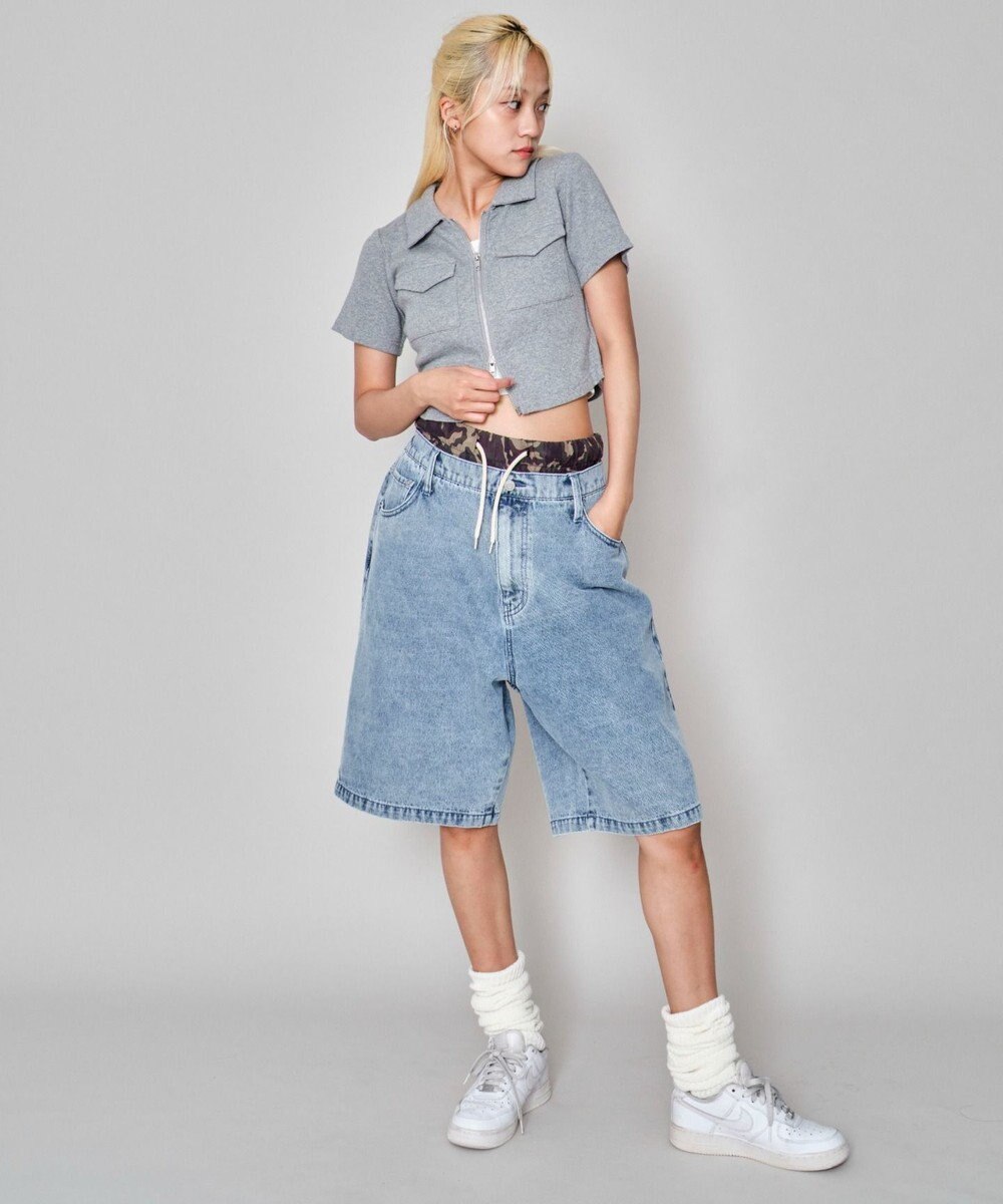 WEGO 【ユニセックス着用ITEM/MLサイズ展開/ウエストゴム】ボクサードッキングデニムショーツ 