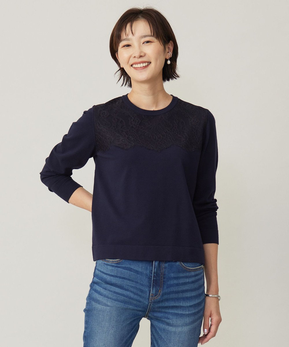 J.PRESS LADIES S 【洗える】DÉCOR レース ニット ネイビー系