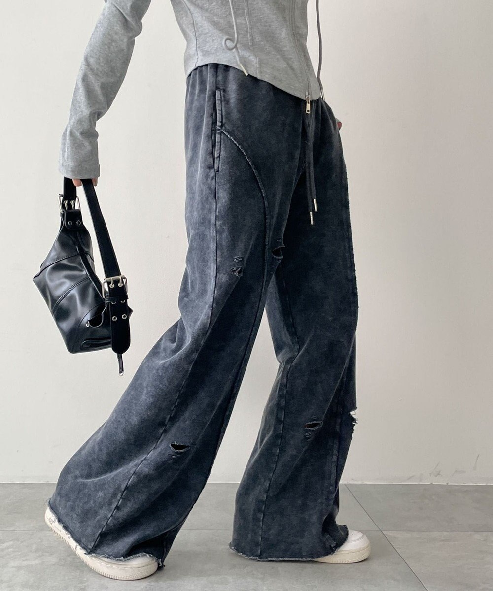 WEGO 【ウエストゴム】ヴィンテージウォッシュスウェットワイドパンツ 