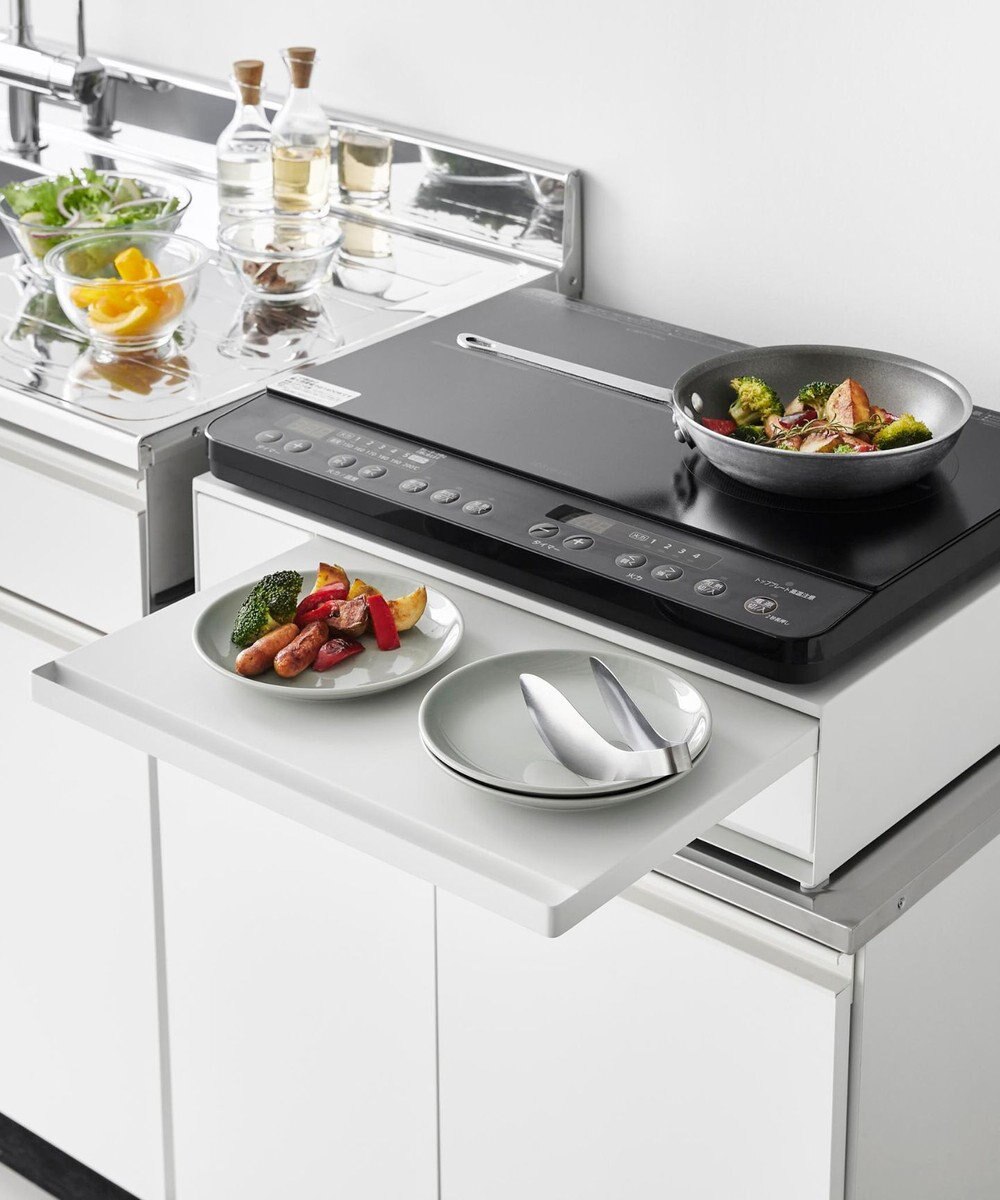 tower IHクッキングヒーターラック タワー 引き出し&スライドテーブル ホワイト 