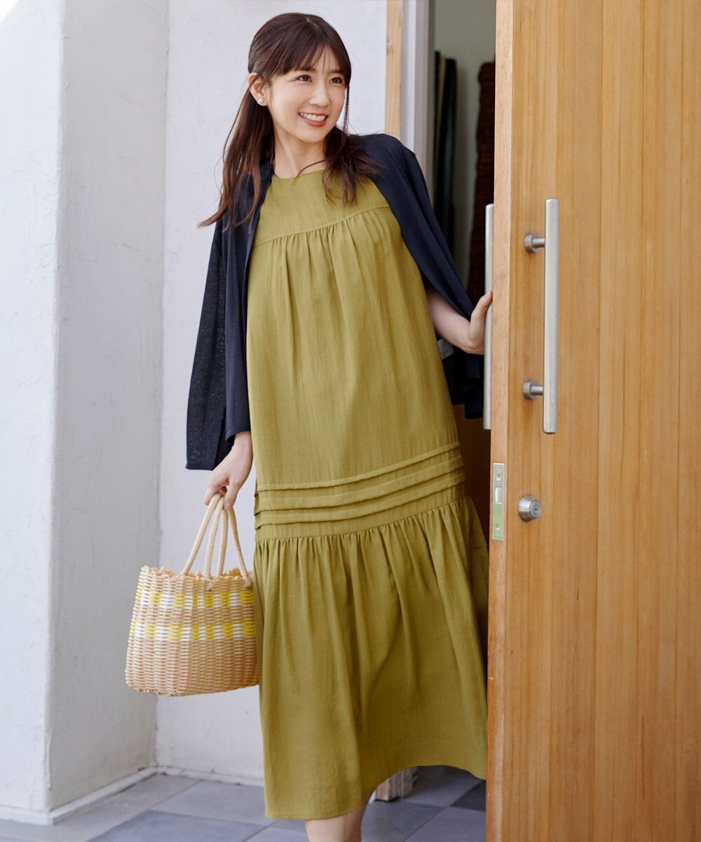 Tiaclasse 【小倉優子さん着用・洗える・XSサイズ】麻調ピンタックロングワンピース 