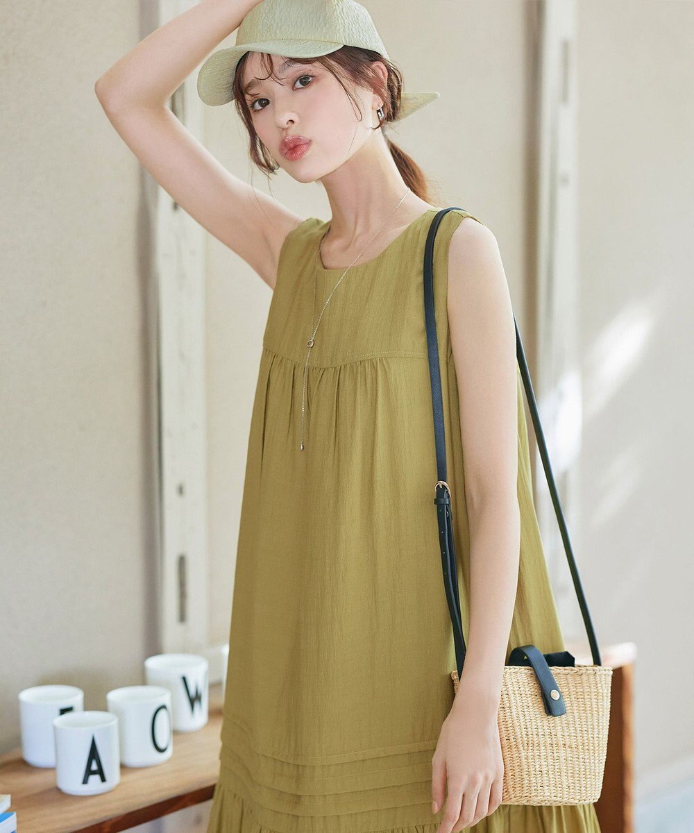 Tiaclasse 【小倉優子さん着用・洗える・XSサイズ】麻調ピンタックロングワンピース 