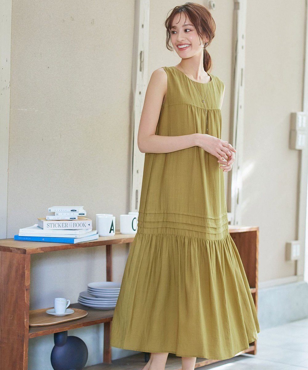 Tiaclasse 【小倉優子さん着用・洗える・XSサイズ】麻調ピンタックロングワンピース 