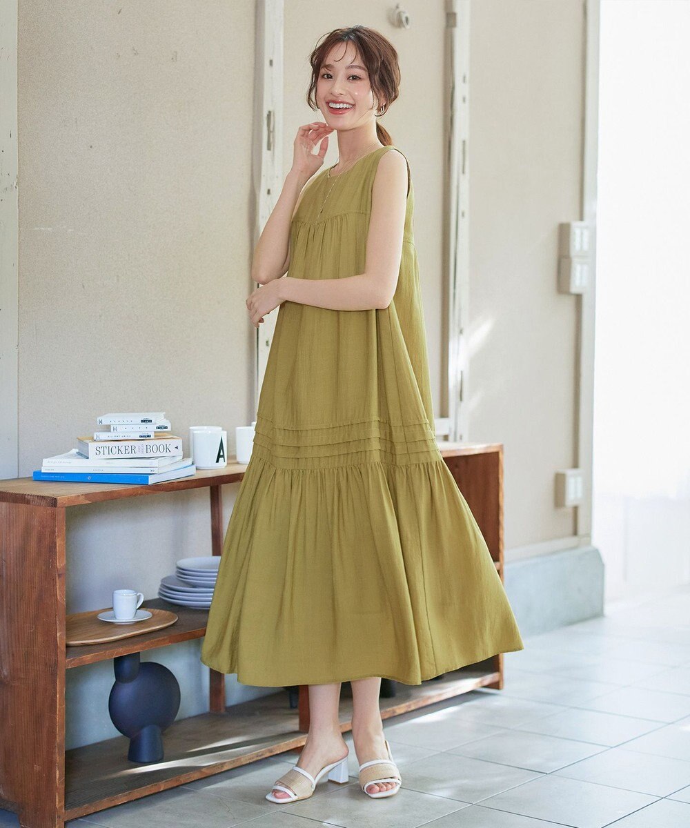 Tiaclasse 【小倉優子さん着用・洗える・XSサイズ】麻調ピンタックロングワンピース 