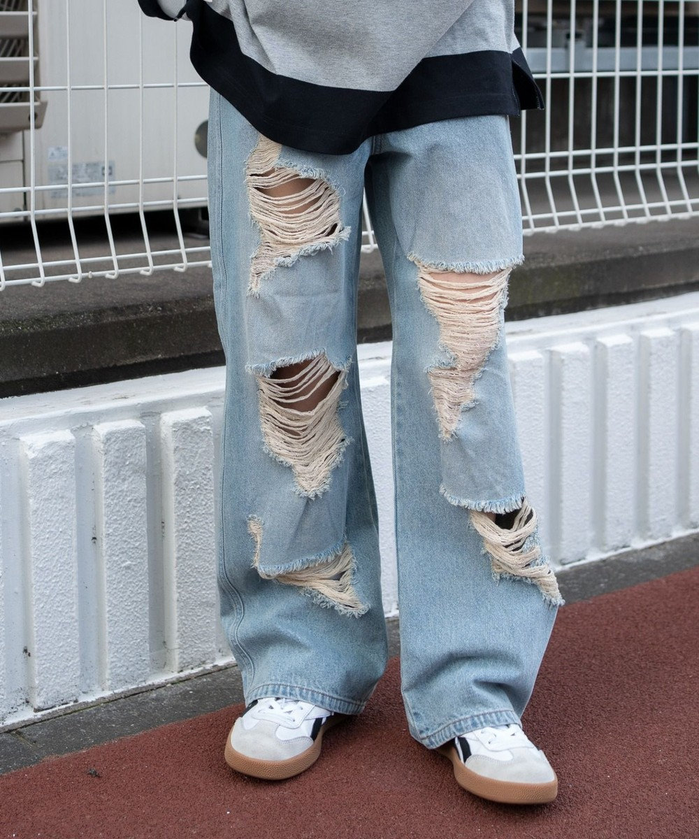 WEGO ダメージストレートデニムパンツ 