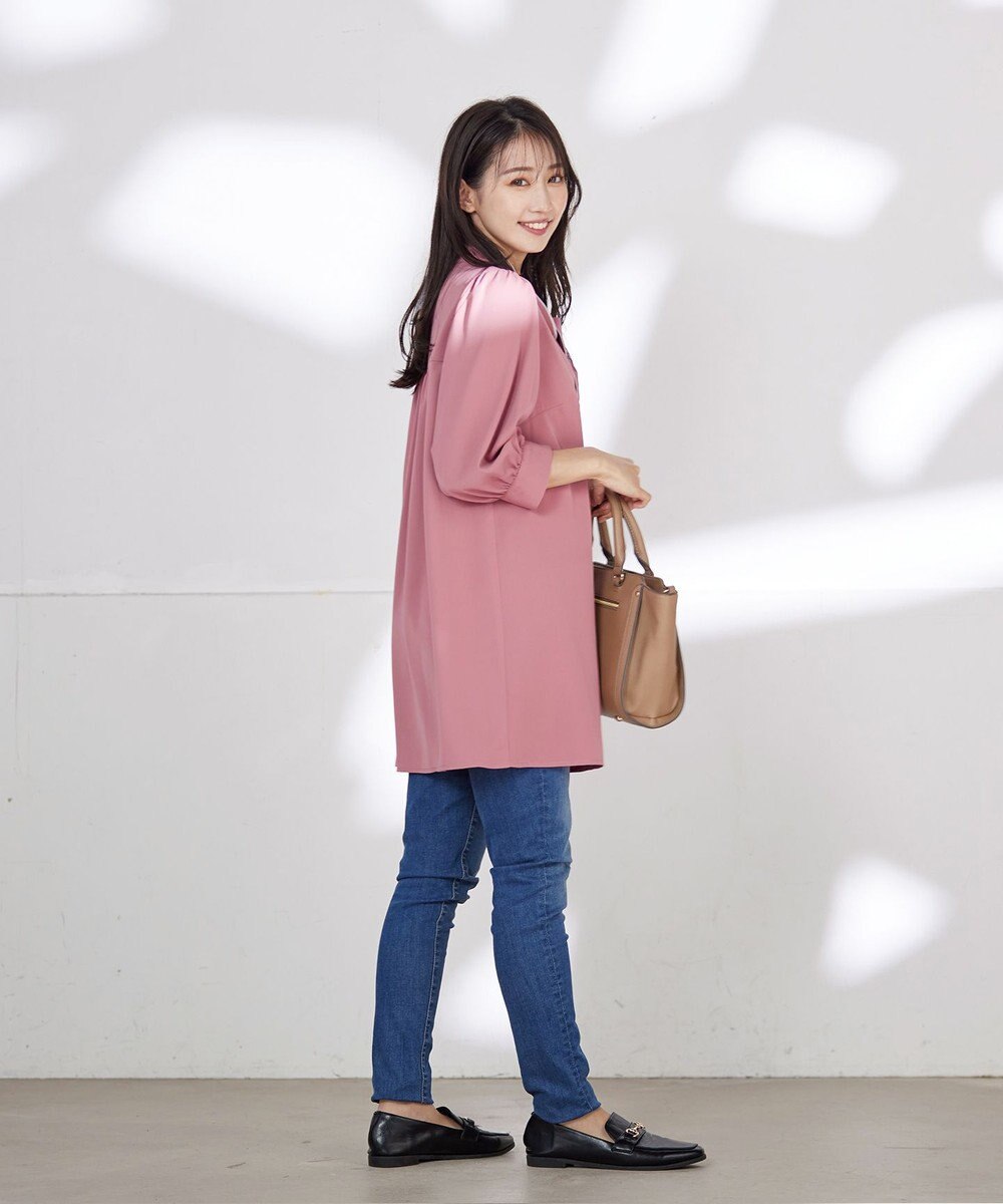 Tiaclasse L 【洗える】配色ボウタイパフ袖チュニックブラウス 