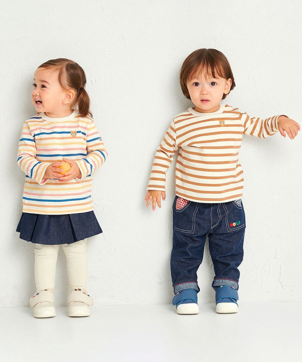 MIKI HOUSE HOT BISCUITS 【80-120cm】ボーダー柄 ワンポイント長袖Tシャツ 