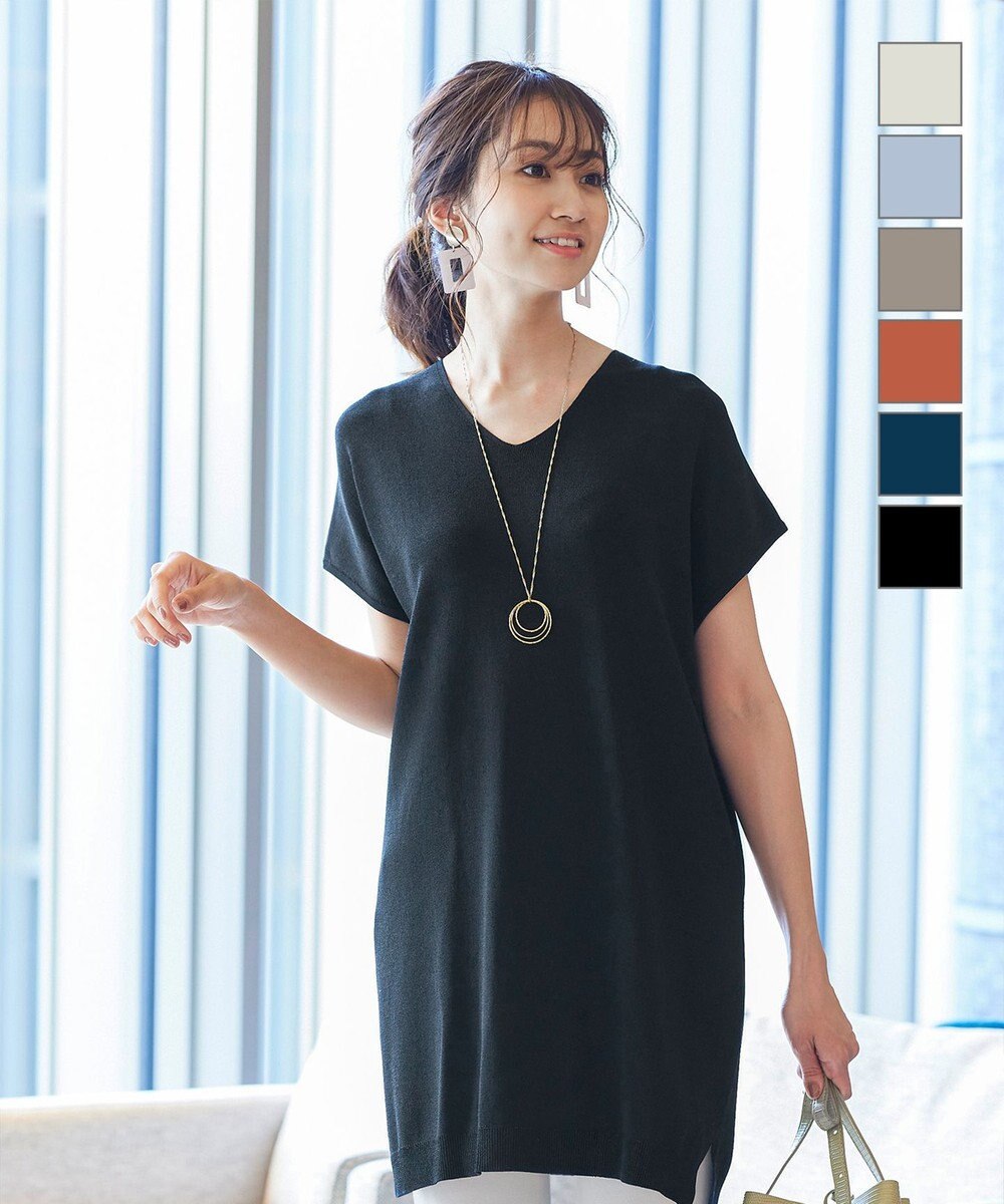 Tiaclasse L 【洗える】さらりと肌離れの良いフレンチスリーブニットチュニック 