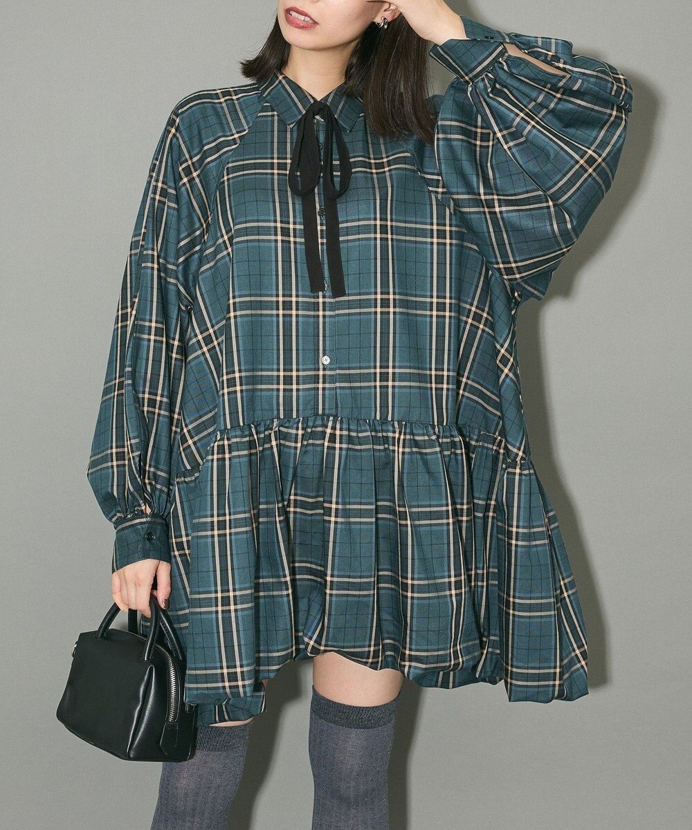 Green Parks ボウタイリボン付裾バルーンシャツワンピース 