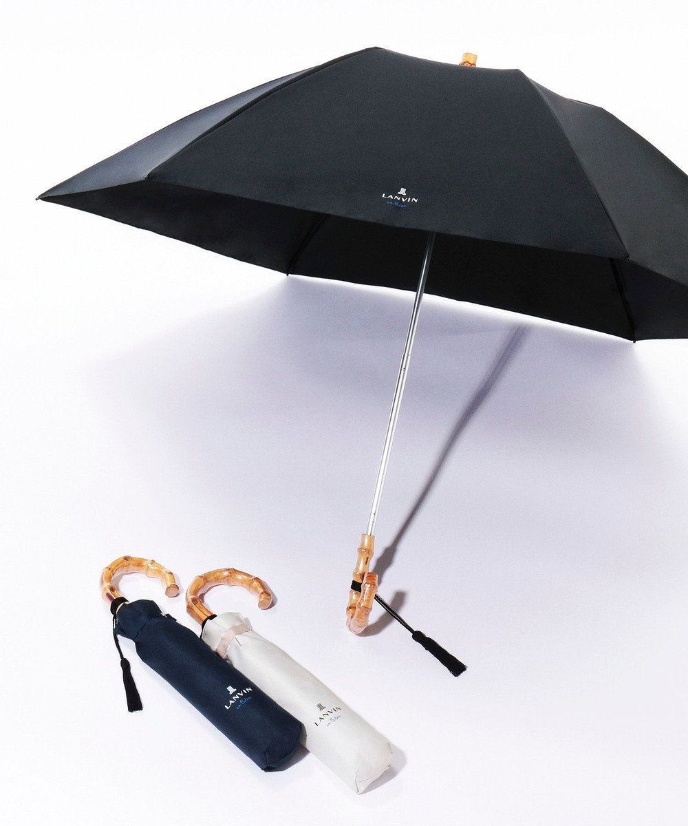 MOONBAT 【WEB限定】LANVIN en Bleu 晴雨兼用 折りたたみ傘 ワイド プレーン×ロゴ刺繍 一級遮光 遮熱 UV ブラック