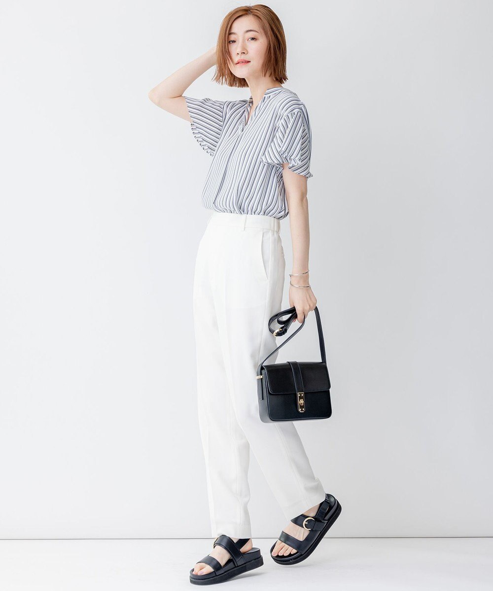 23区 【洗える】ランダムストライププリント キーネック ブラウス 