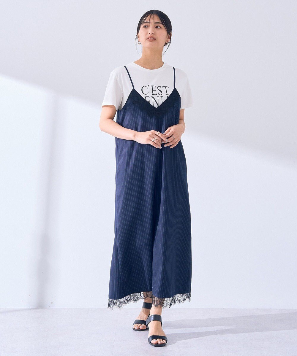 YECCA VECCA ストライプ柄レースMIXキャミワンピース 