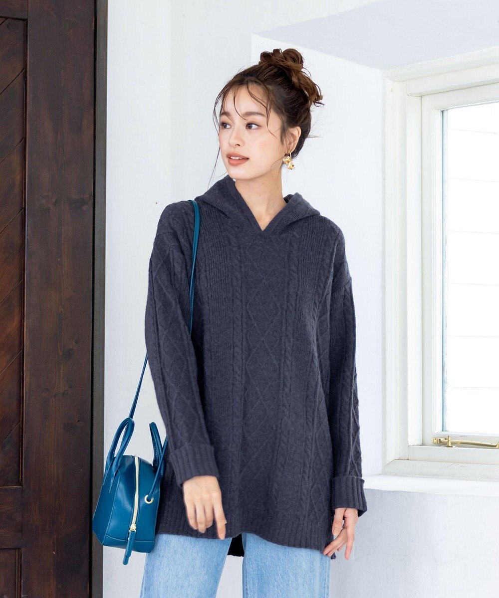 Tiaclasse 【洗える】アラン柄ニットパーカーチュニック 