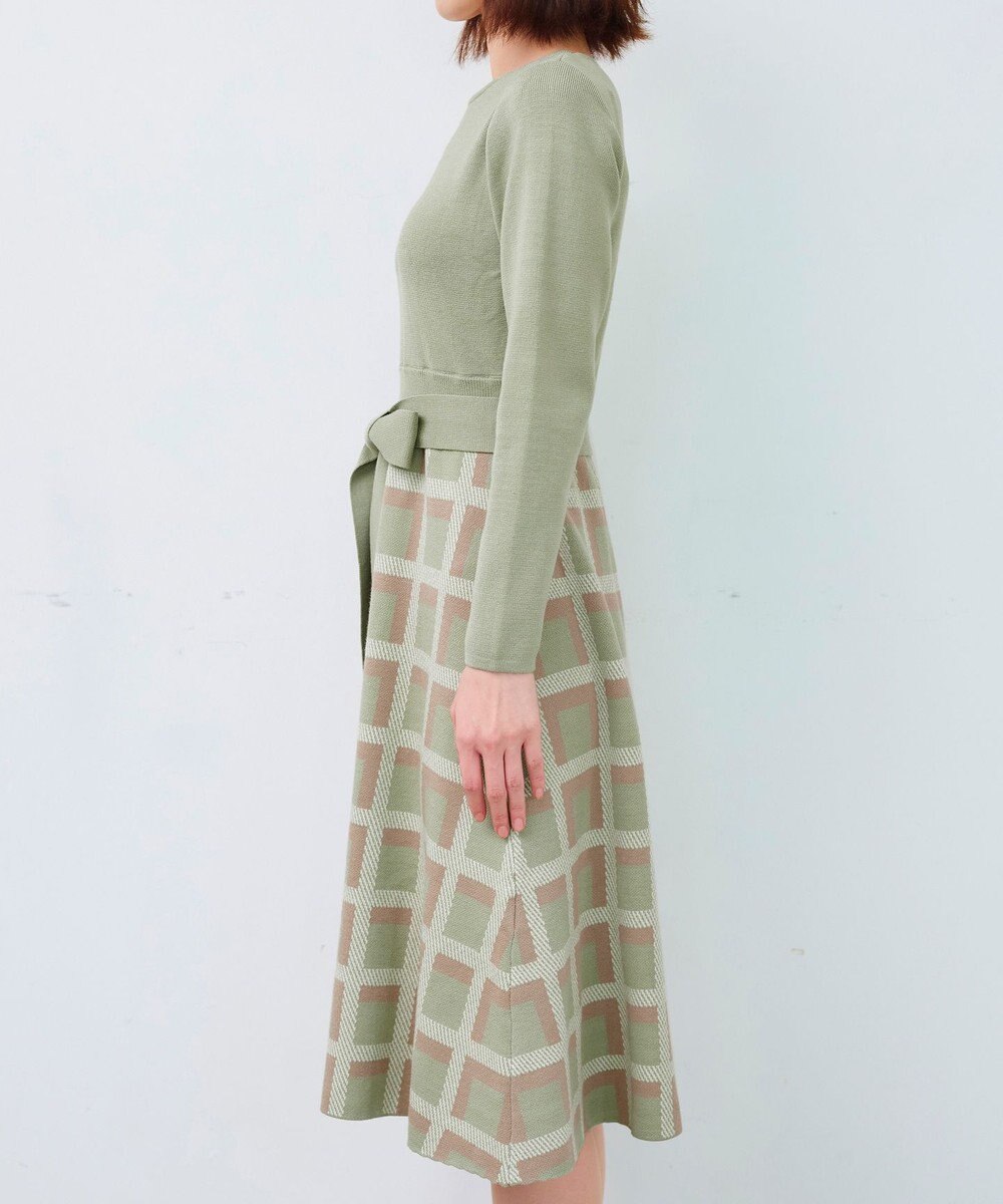 Tiaclasse 【洗える】リボンベルト付きチェック柄ニットワンピース 