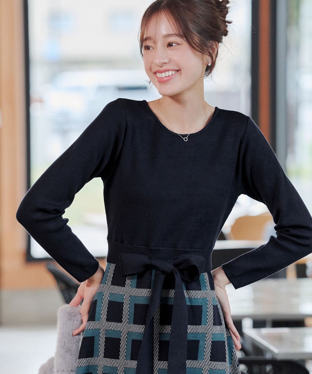 Tiaclasse 【洗える】リボンベルト付きチェック柄ニットワンピース 