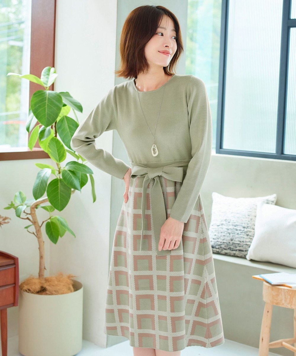 Tiaclasse 【洗える】リボンベルト付きチェック柄ニットワンピース 