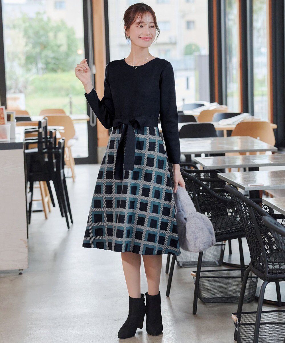 Tiaclasse 【洗える】リボンベルト付きチェック柄ニットワンピース 