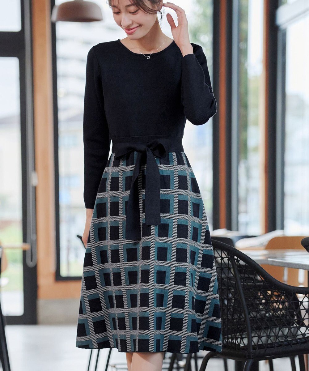 Tiaclasse 【洗える】リボンベルト付きチェック柄ニットワンピース 