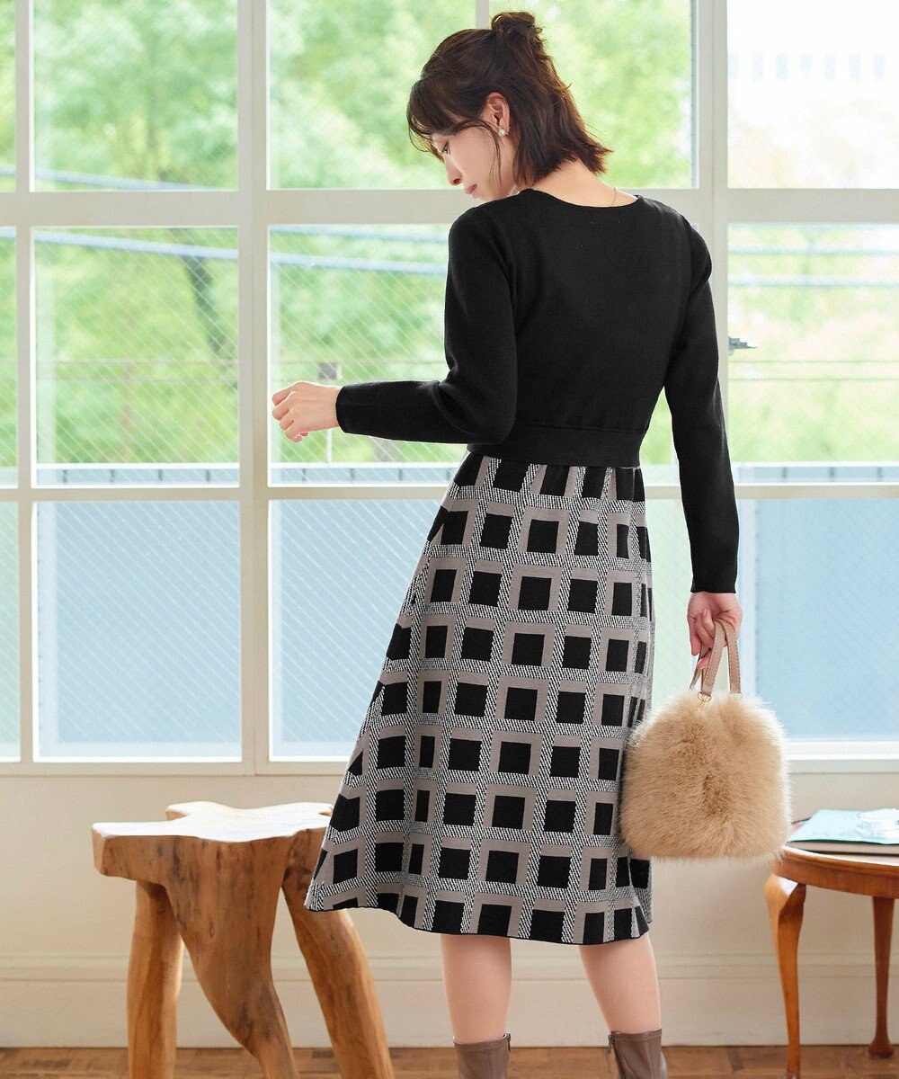 Tiaclasse 【洗える】リボンベルト付きチェック柄ニットワンピース 