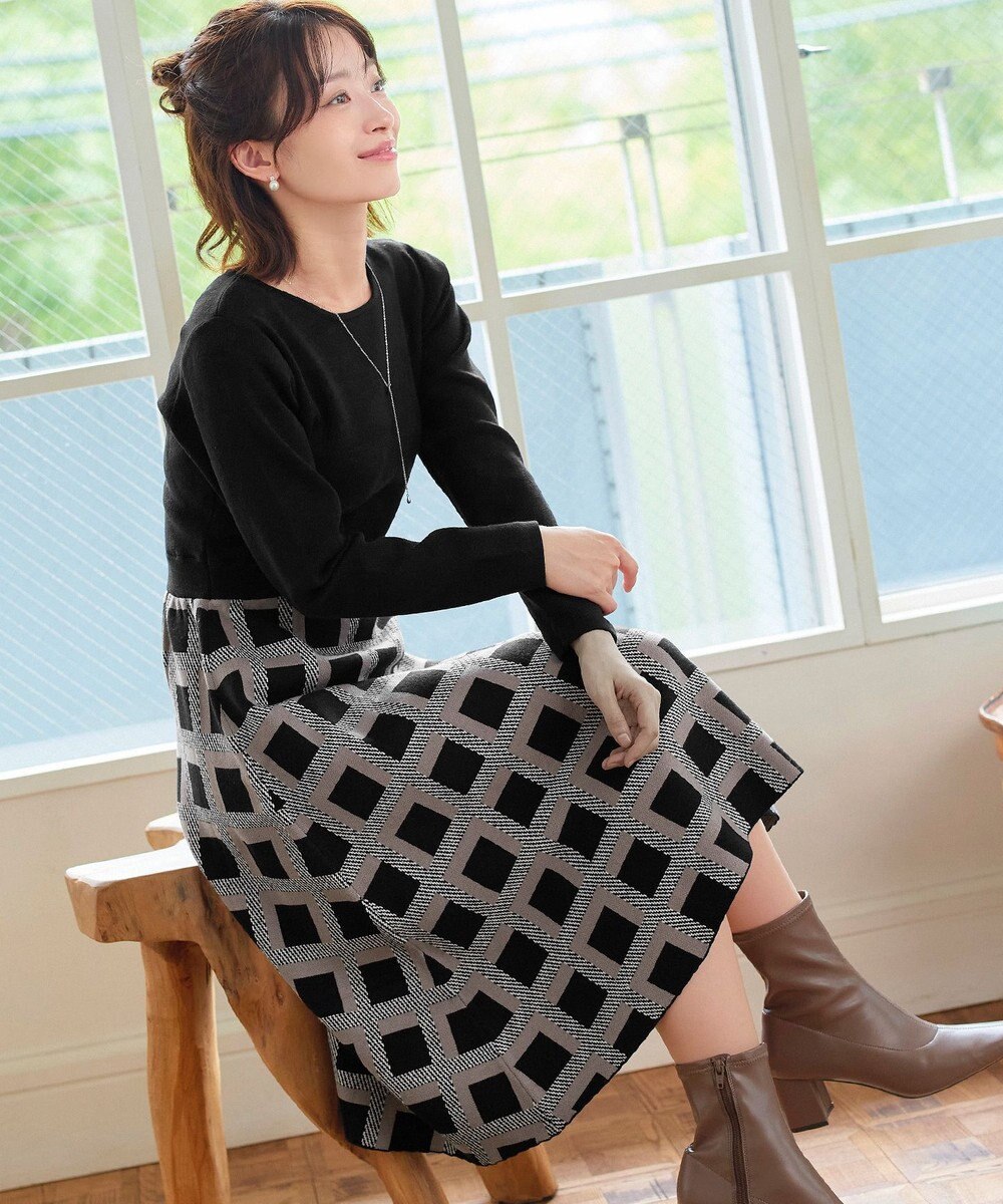 Tiaclasse 【洗える】リボンベルト付きチェック柄ニットワンピース 