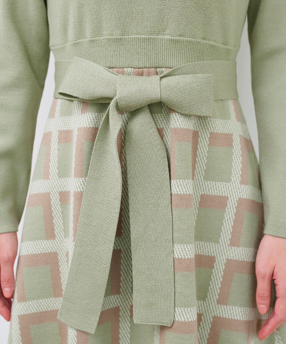 Tiaclasse 【洗える】リボンベルト付きチェック柄ニットワンピース 