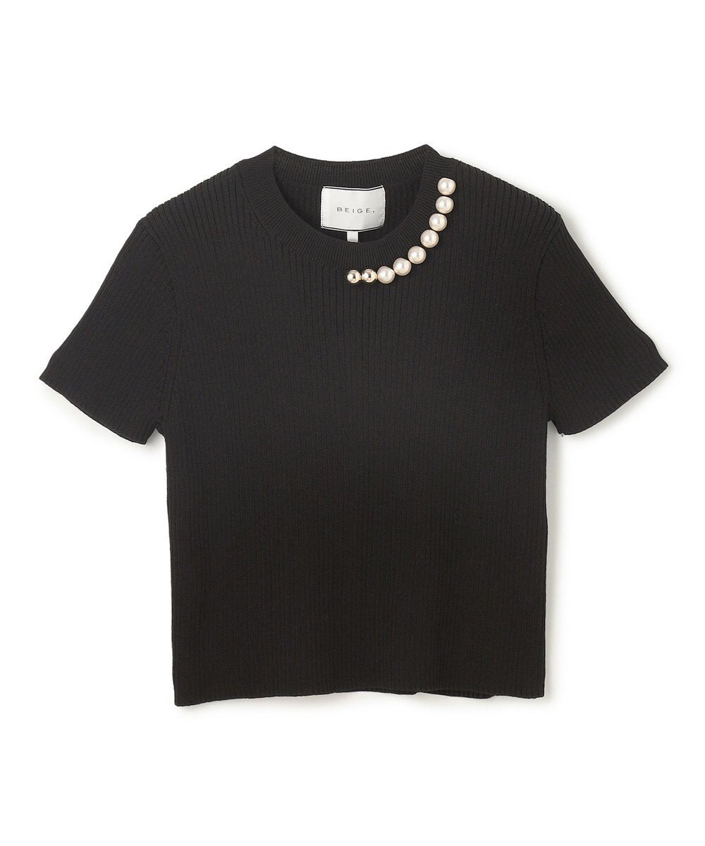 BEIGE， 【洗える・美人百花 4月号掲載】VINCA / パール付き半袖コットンリブニット 