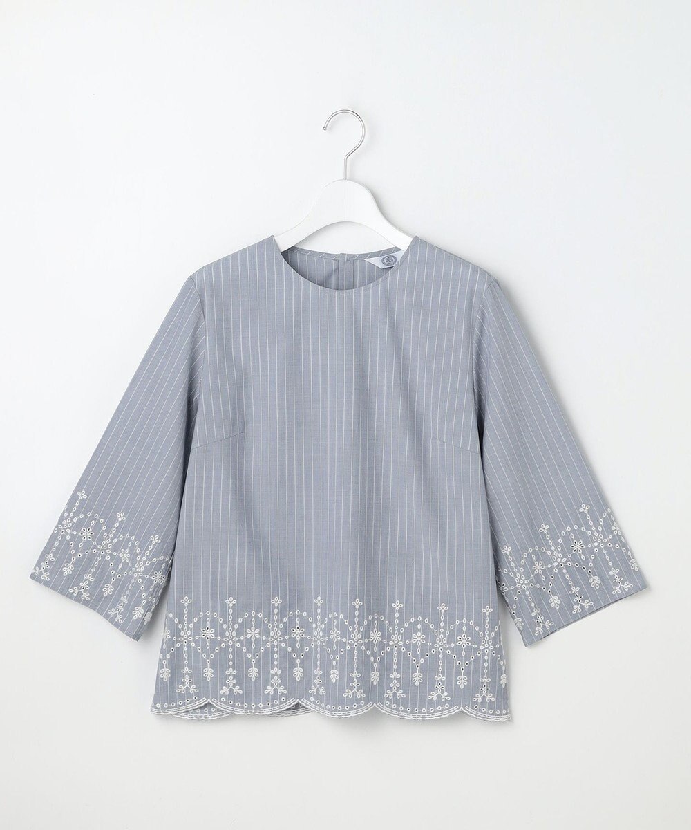 J.PRESS LADIES S ストライプ×エンブロイダリー クルーネック ブラウス 