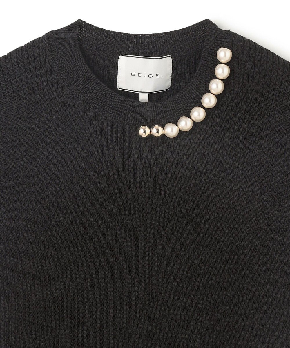 BEIGE， 【洗える・美人百花 4月号掲載】VINCA / パール付き半袖コットンリブニット 