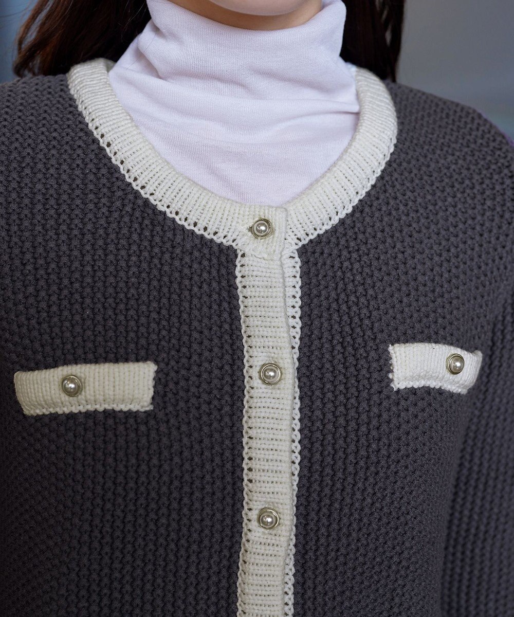 Tiaclasse 【洗える】ミドル丈配色ノーカラーニットジャケット 