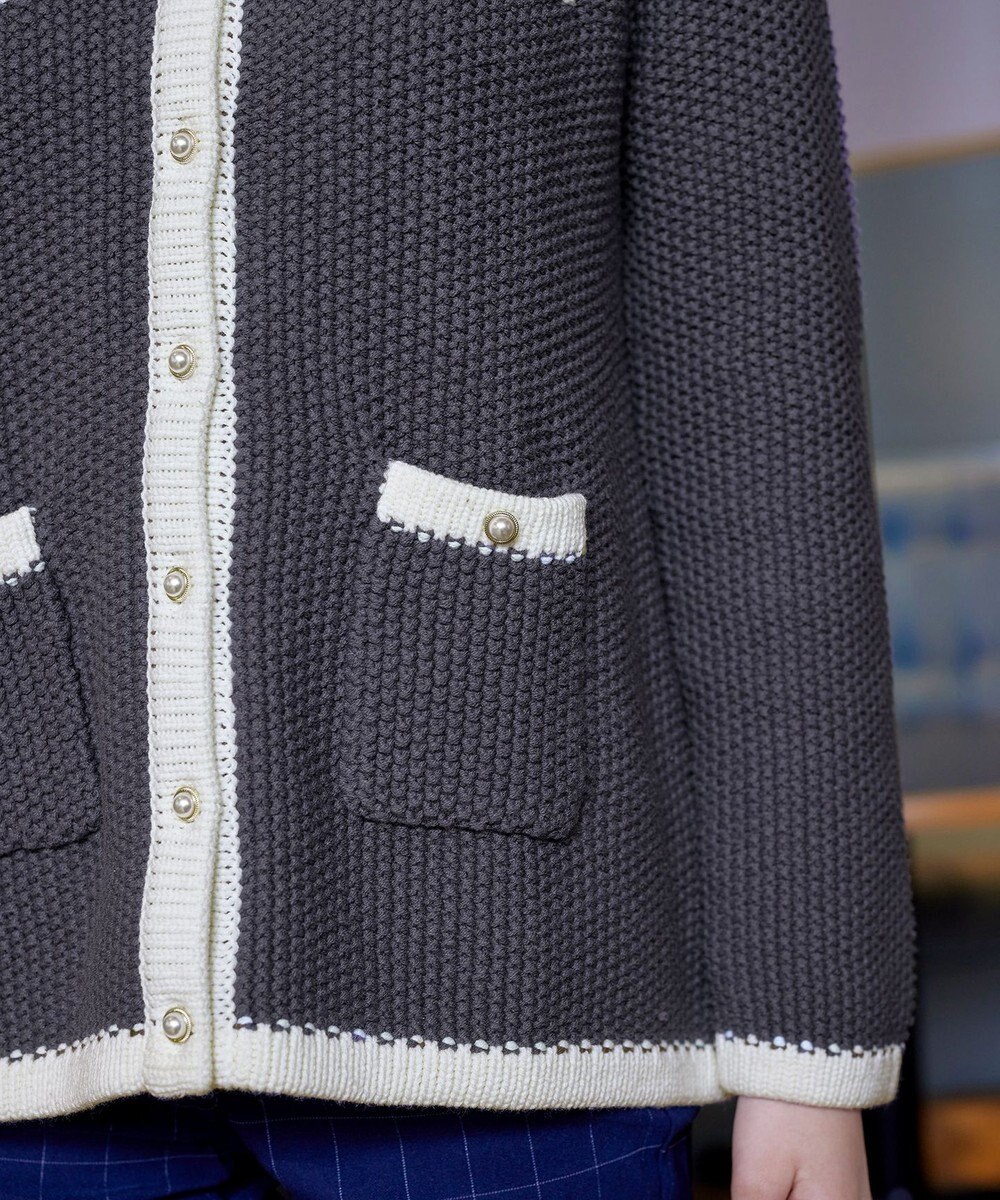 Tiaclasse 【洗える】ミドル丈配色ノーカラーニットジャケット 