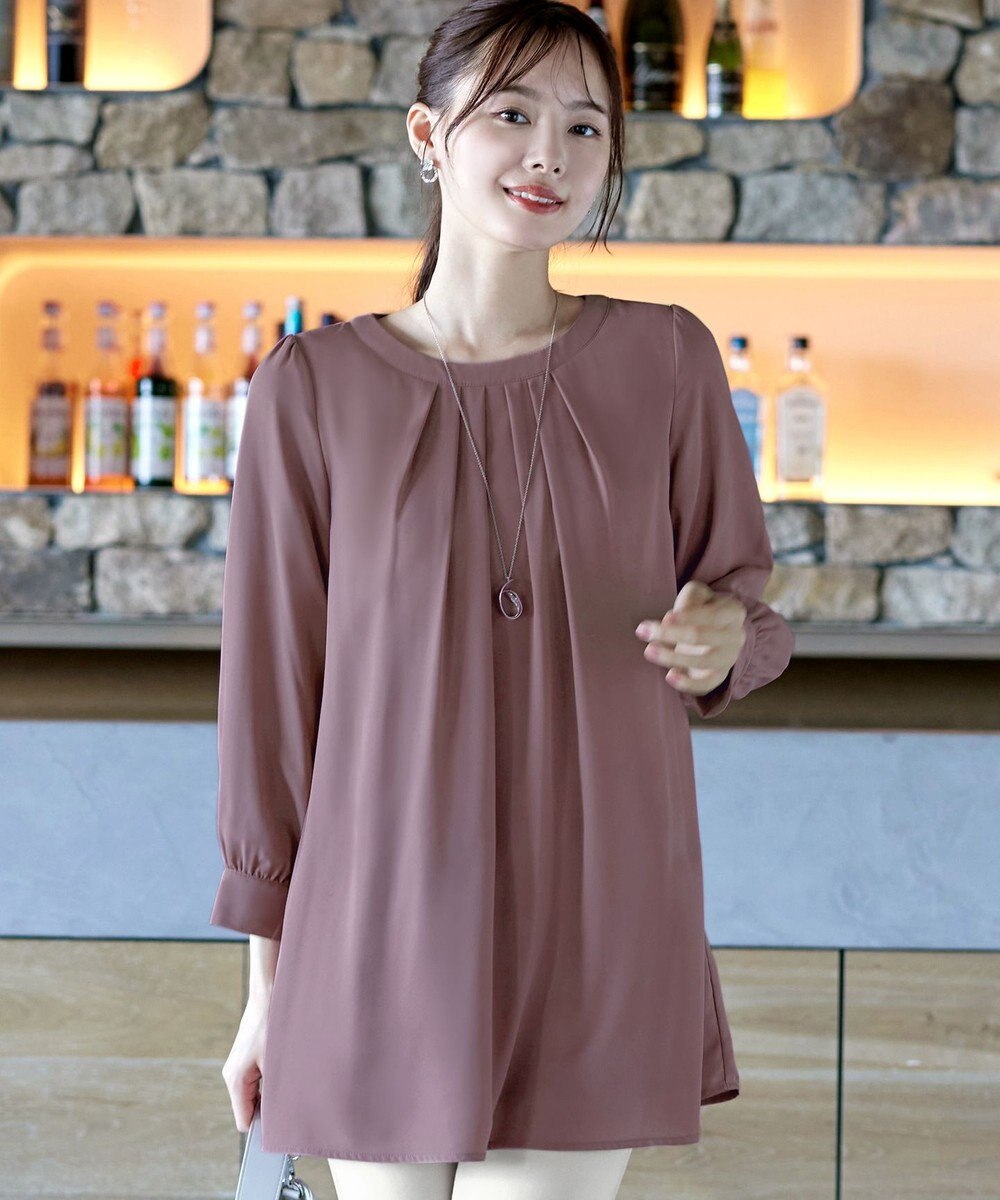 Tiaclasse L 【新色追加・洗える】裏起毛ジョーゼット胸元タックチュニックブラウス 