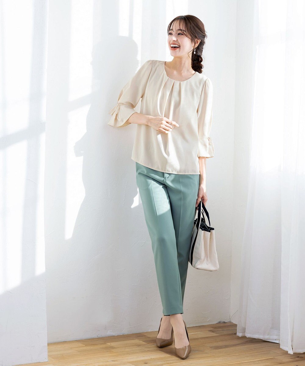 Tiaclasse 【洗える】リボン付きタックフレア袖ブラウス 