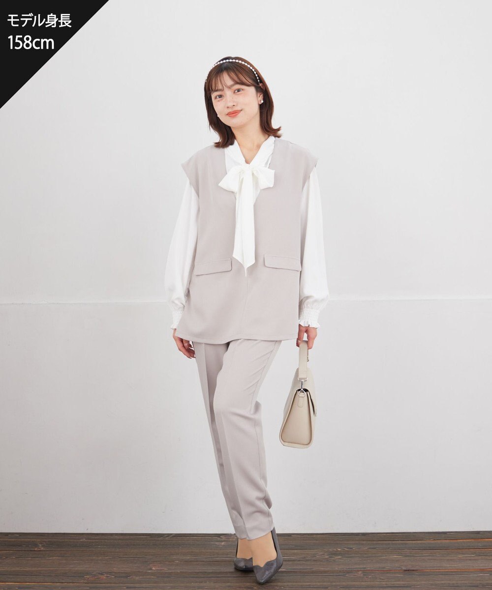 Tiaclasse L 【ブラウス&ベスト&パンツ3点セット】リボンタイブラウス＋ベスト付き 3点セットアップ 