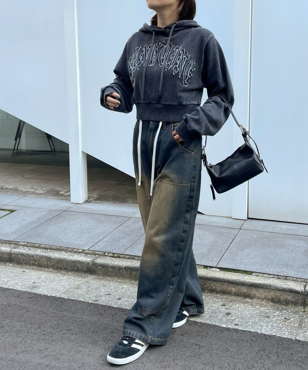 WEGO グラフィックアシッドウォッシュショートプルパーカー 