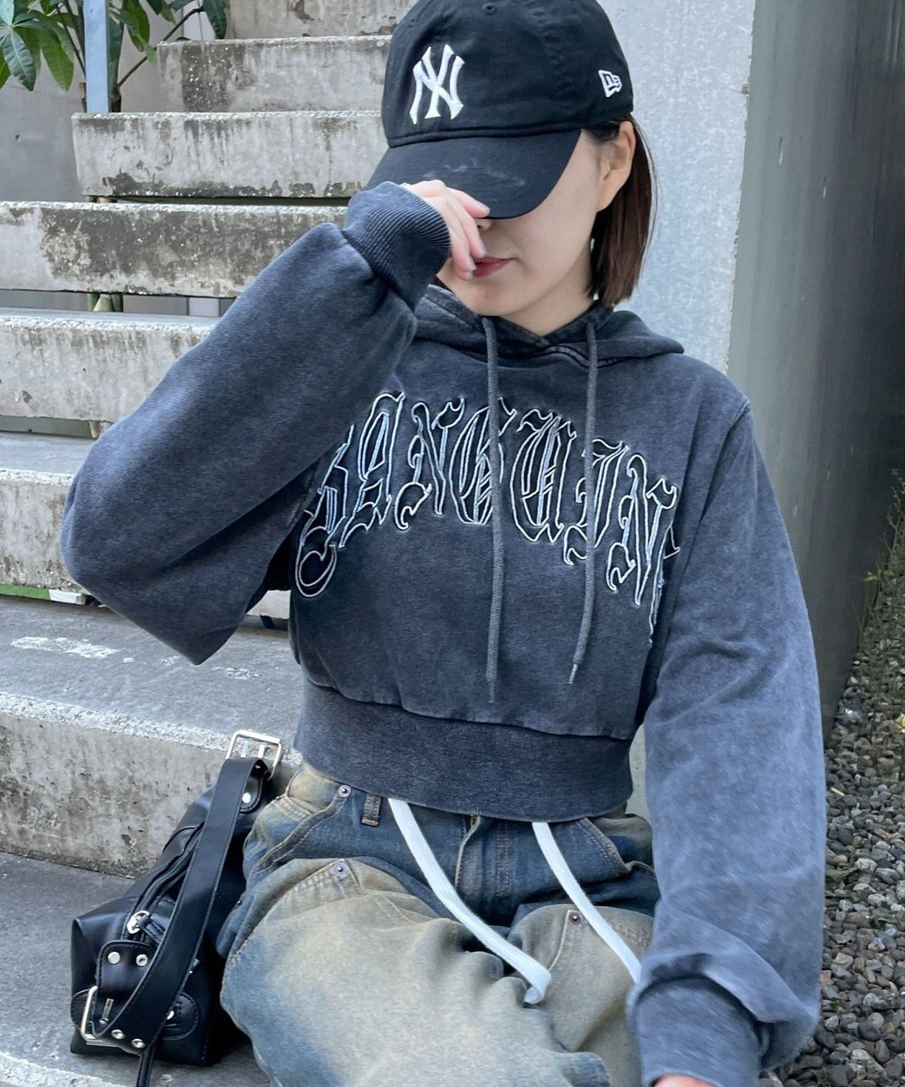 WEGO グラフィックアシッドウォッシュショートプルパーカー 