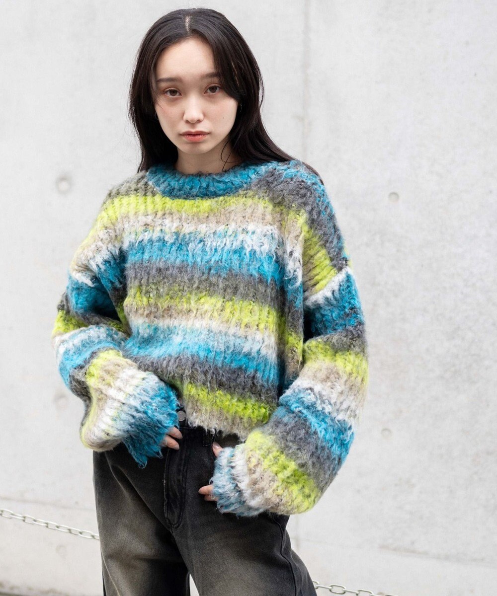 WEGO マルチボーダーブラッシュニットショートプルオーバー 