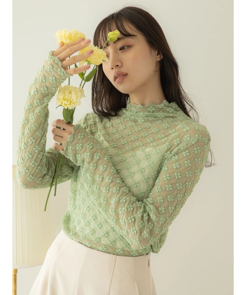 earth music&ecology ハイネックシアーフラワーインナー Mint Green