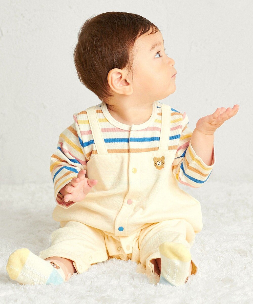 MIKI HOUSE HOT BISCUITS 【70-80cm】 ボーダー柄 重ね着風  カバーオール 